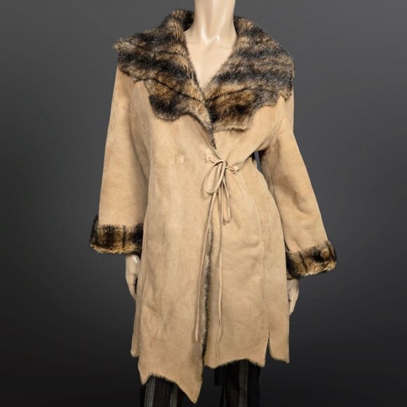 Y2K Penny Lane Coat Size M Boho Beige Faux Suede Brown Faux Fur Mid Length - Picture 1 of 13